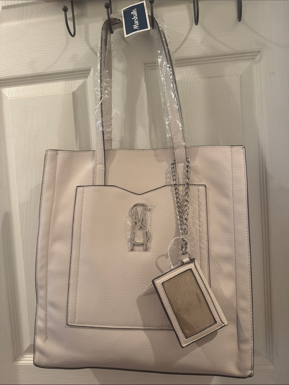 Steve Madden Cream Tote with Monogram Charm
